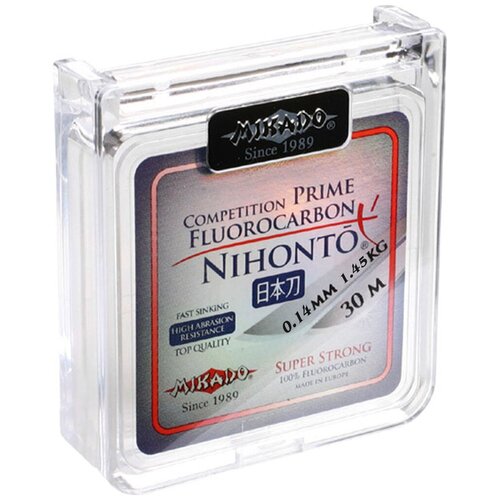 флюорокарбоновая леска mikado nihonto fluorocarbon prime d 0 35 мм 30 м 7 75 кг бесцветный 1 шт Монофильная леска MIKADO Nihonto Fluorocarbon Prime d=0.14 мм, 30 м, 1.45 кг, бесцветный, 1 шт.