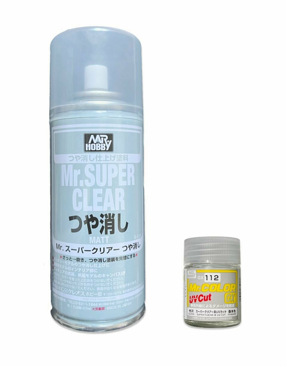 Набор лак-спрей Mr. Hobby Super Clear Matt матовый 514 ( клир) + глянцевый лак Mr. COLOR GX112