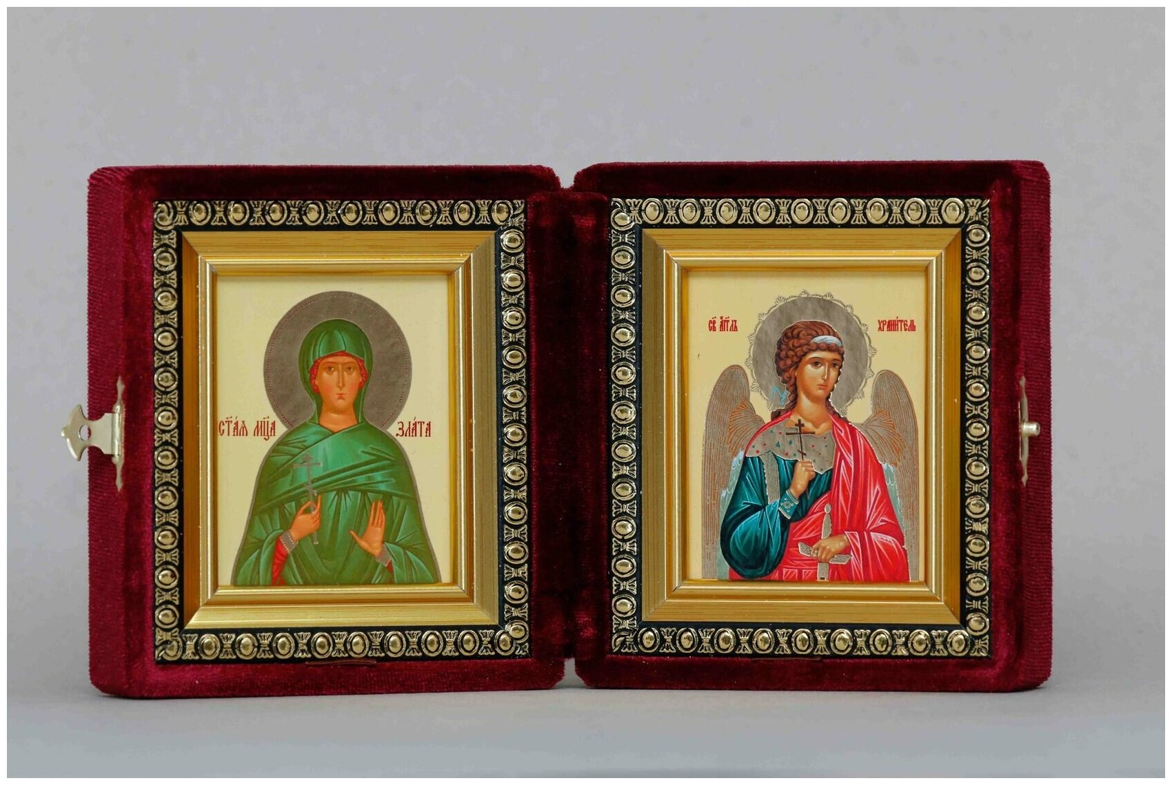Икона Складень Злата (Хриса) Могленская, Великомученица и Ангел Хранитель (футляр, бархат)