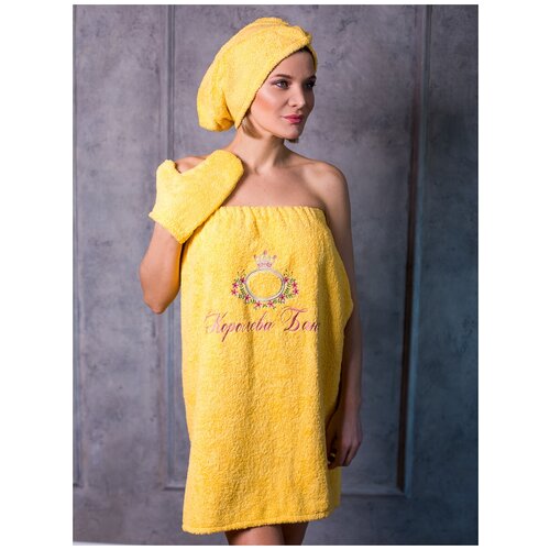 фото Банный набор женский "дари тепло"с вышивкой "королева бани", желтый, 3 предмета