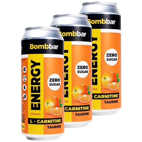 Bombbar, Энергетический напиток без сахара с Л-карнитином ENERGY, 3шт по 500мл (Апельсин) bombbar энергетический напиток без сахара с л карнитином energy упаковка 12шт по 500мл клубника земляника