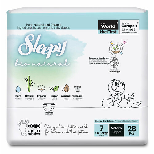 Детские подгузники SLEEPY BIO NATURAL 2X JUMBO NO.7 20-30 KG 28 шт/уп