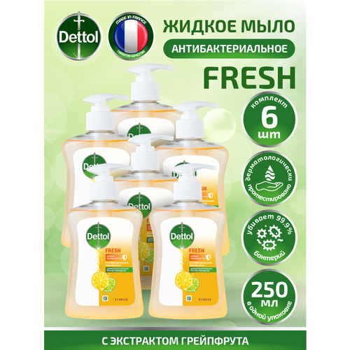 Антибактериальное жидкое мыло для рук Dettol Бодрящая свежесть грейпфрут 250мл. х 6 шт. мыло dettol original антибактериальное 100г