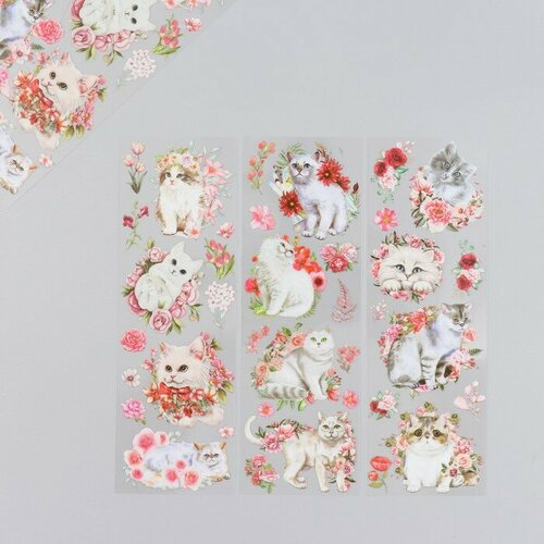 Наклейки для творчества Белые котики и розовые цветы набор 6 листов 18х6 см