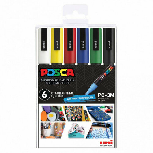 маркер uni posca pc 5м набор 6 шт 5 белый серебряный желтый красный синий изумрудно зеленый Набор маркеров POSCA PC-3M «Стандартные цвета», в пластиковой упаковке, 6 шт