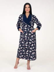Халат текстильный женский домашний интерлок пенье с запахом, рукава 3/4 с манжетами принт цветы на темно-синем фоне размер 50