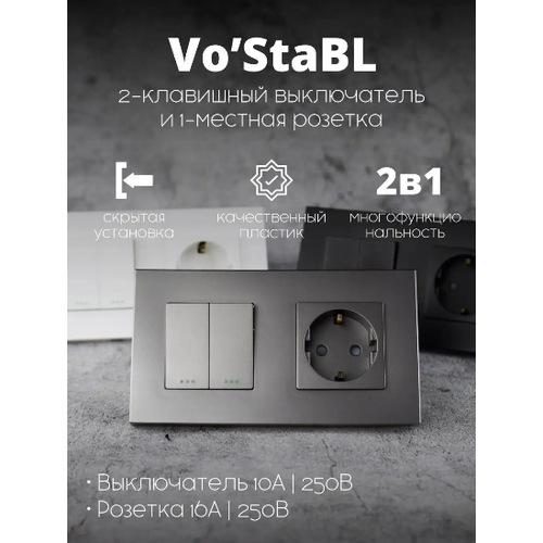Двухклавишный серый выключатель с розеткой VoStable 598₽