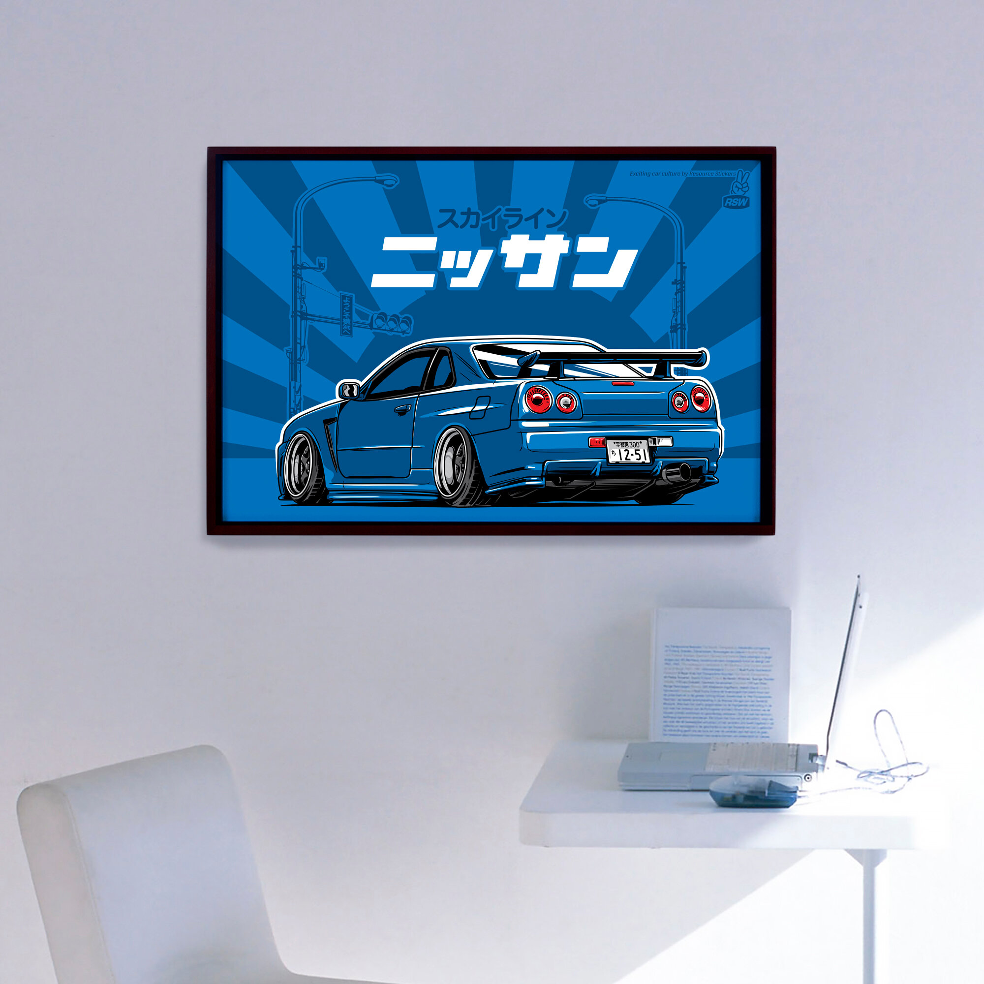 Постер Nissan Skyline R34 синий, JDM, 60X40 / Resource Stickers