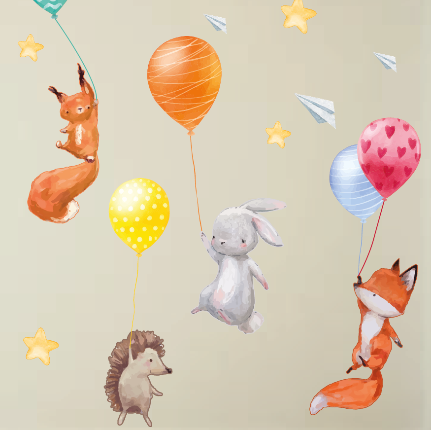 Интерьерная наклейка самоклеящаяся для декора дома и дачи на стену в детскую/ спальню/ игровую комнату звери летят на воздушных шарах
