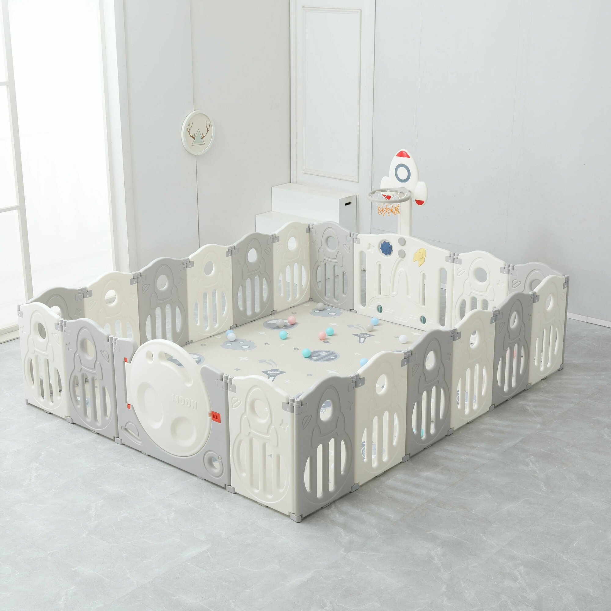 Манеж UNIX Kids "SUPREME Space" Grey, серый/белый, 200x240 см, с ковриком, горкой и баскетбольным кольцом для дома, улицы