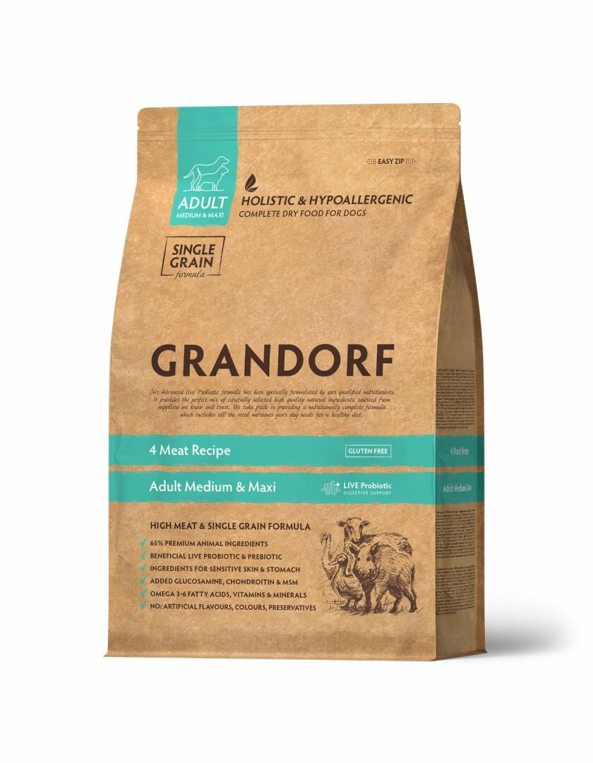 Сухой корм для собак GRANDORF 4 Meat Recipe Adult Medium and Maxi средних и крупных пород 4 вида мяса с живыми пробиотиками 3 кг