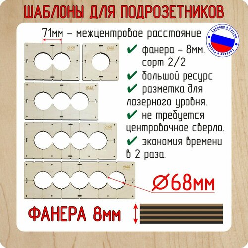 Комплект шаблонов для сверления подрозетников 5 шт. диаметром 68 мм, толщина 8 мм