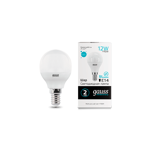 фото Лампа gauss elementary шар 12w 920lm 4100k е14 led 53122 (12 шт)