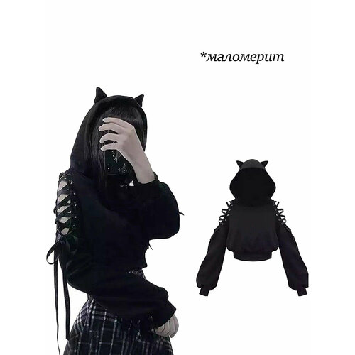 фото Худи, силуэт трапеция, укороченное, карманы, размер l, черный anime & comics