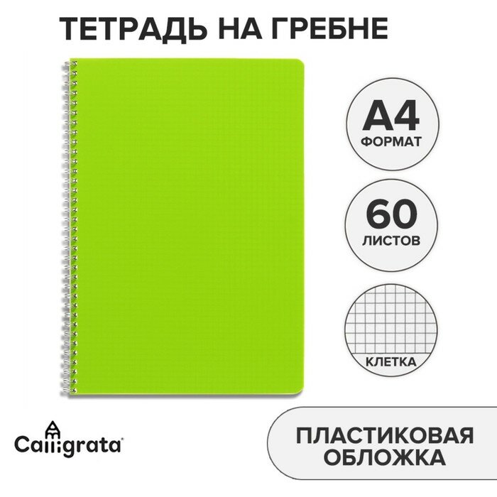 Тетрадь A4 на гребне, 60 листов в клетку, Calligrata, пластиковая обложка, зелёная