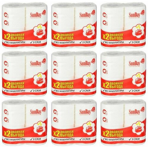 SUNDAY Туалетная бумага 2-х слойная белая 4 шт в уп 9 упаковок 1559₽