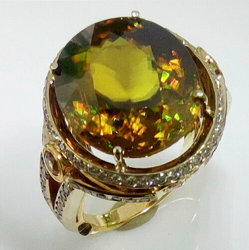Перстень Эстерелла, желтое золото, 750 проба, родирование, сапфир, бриллиант, размер 18.5