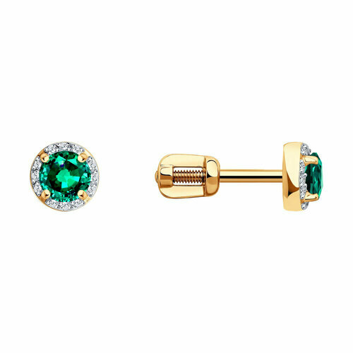 Серьги пусеты Diamant online, золото, 585 проба, бриллиант, изумруд синтетический, зеленый