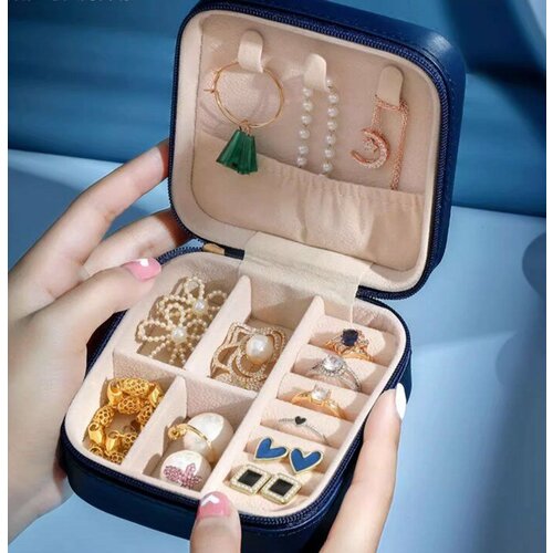 Шкатулка для украшений, бижутерии синяя на замке для путешествий