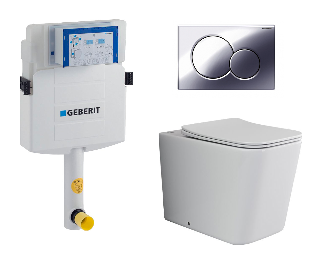 фото Комплект 3 в 1 смывной бачок скрытого монтажа Geberit Duofix UP320 + Унитаз приставной Ceramica Nova Cubic Rimless CN1809 + Кнопка Geberit Sigma 01 хром