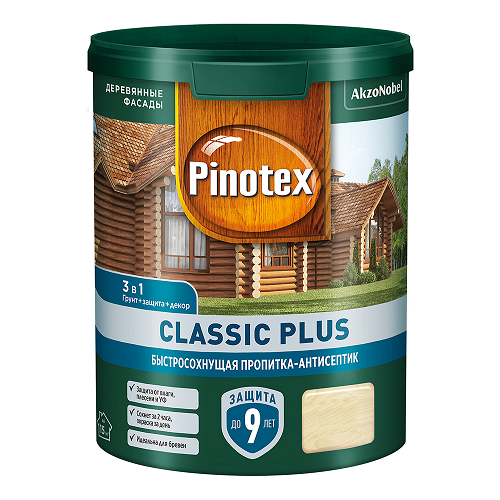 Пропитка-Антисептик Pinotex Classic Plus 3 в 1 2.5л Бесцветная для Защиты Древесины до 9 лет / Пинотекс Классик Плюс.