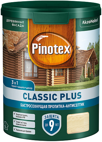 Пропитка-Антисептик Pinotex Classic Plus 3 в 1 0.9л Тиковое Дерево для Защиты Древесины до 9 лет / Пинотекс Классик Плюс.