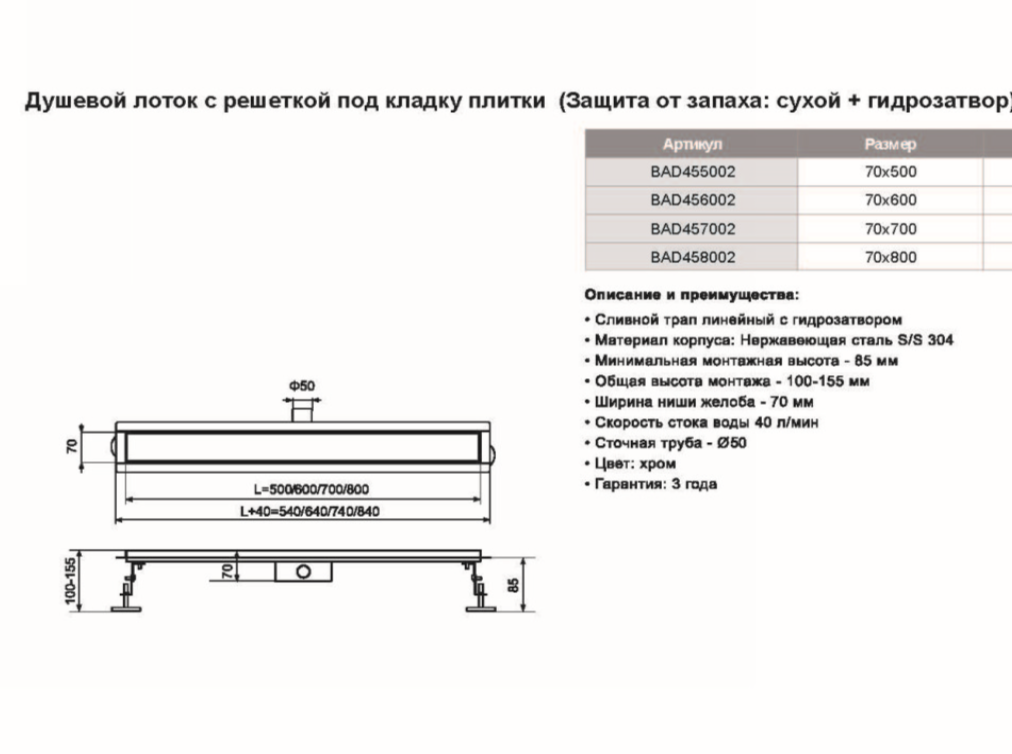 Душевой трап TIM 60 см под плитку BAD456002 — фото 1