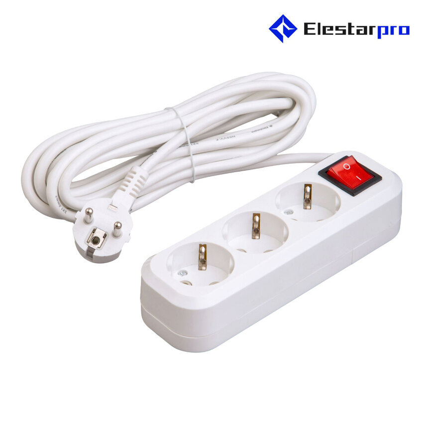 фото Удлинитель сетевой 3 розетки с заземлением и включателем , 2 метра Elestarpro
