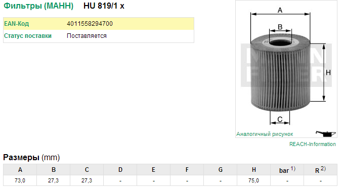 Фильтр масляный для Ниссан Навара D40 2004-2015 год выпуска (Nissan Navara D40) MANN-FILTER HU 819/1 X