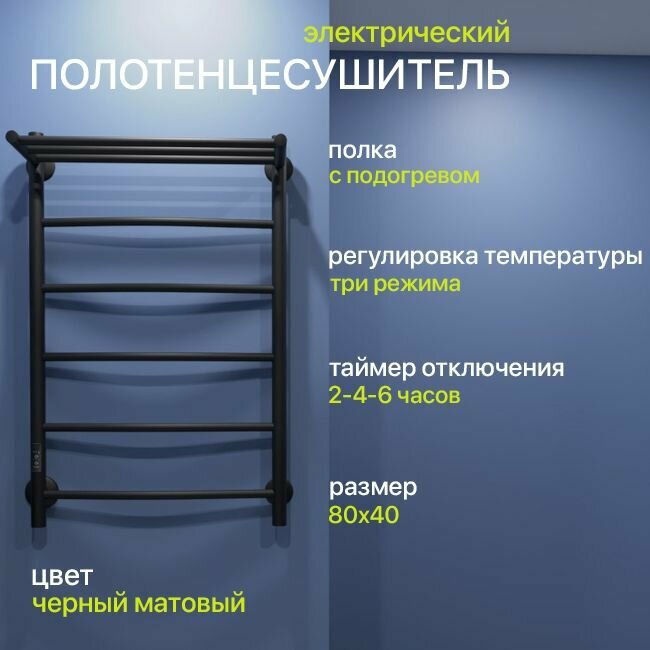 фото Полотенцесушитель электрический Маргроид AquaLux 80x40 с полкой, черный матовый, с терморегулятором и таймером, скрытый монтаж, левое подключение