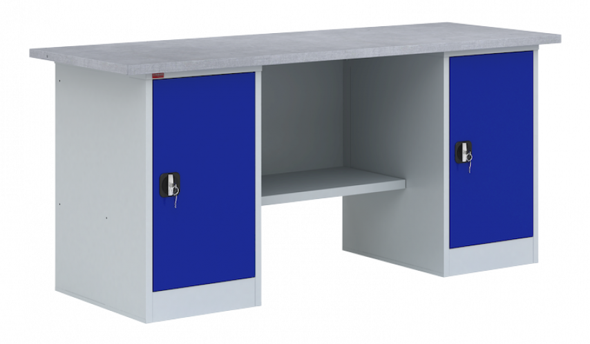 фото Стол верстак слесарный металлический с 2 тумбами с дверью, 1600 мм, пакс ВП-5/1.6