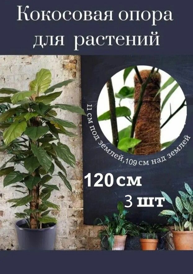 фото Кокосовая опора для комнатных и садовых цветов, держатель для растений в оплетке, 120 см , 3 шт.