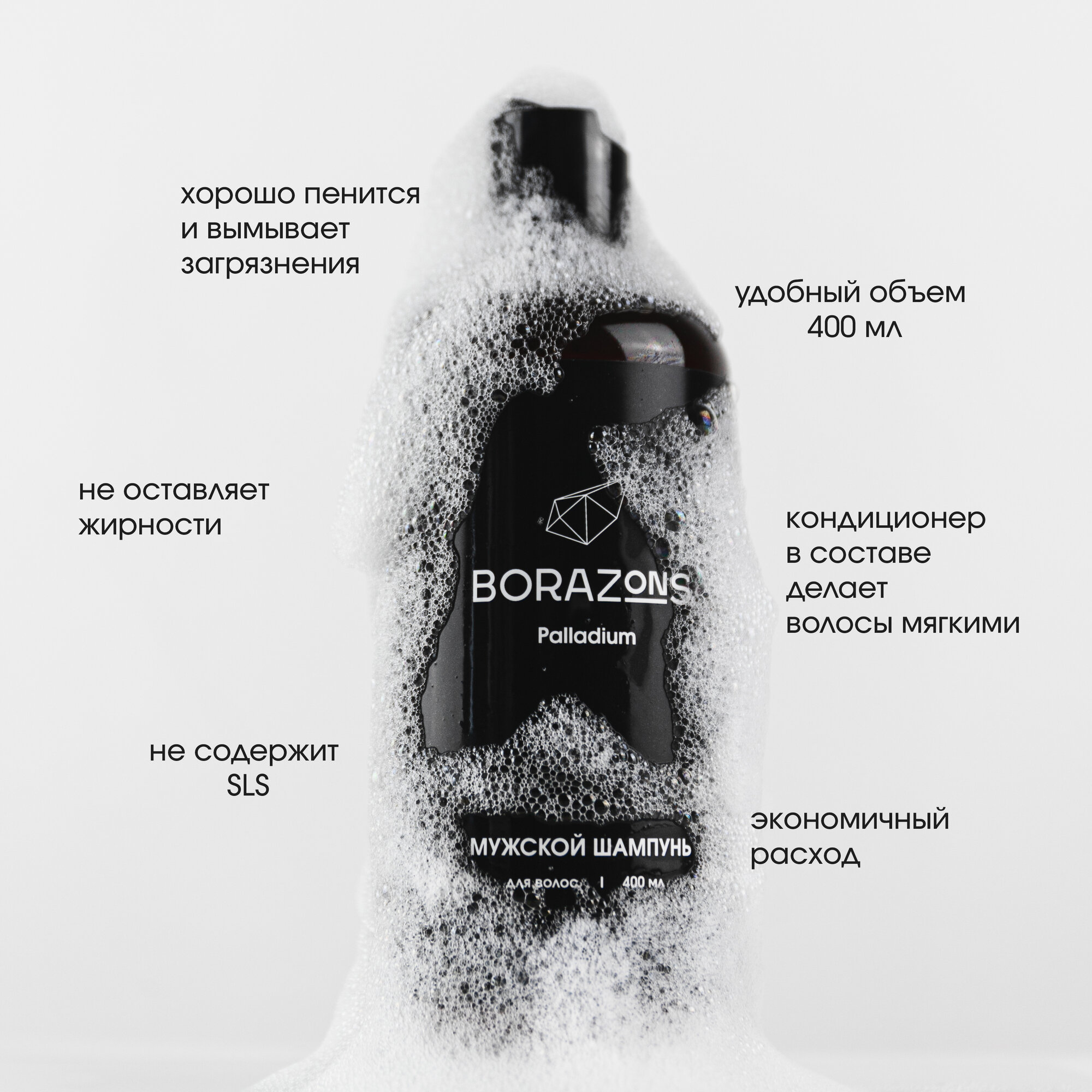 Шампуни Для Мужчин Шампунь мужской BORAZONS "Palladium", для всех типов волос, профессиональный, для ежедневного использования, 400мл