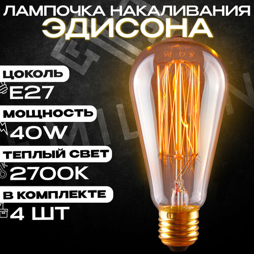 Лампа (лампочка) накаливания Эдисона Emilion Loft Edison ST64 (E27, 40Вт, желтый свет, 4 шт)