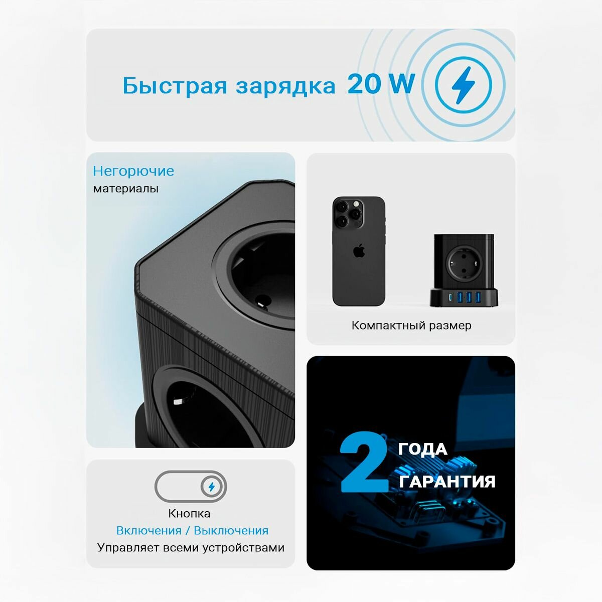 Сетевой фильтр, 5 розеток с 3 USB и 1 TYPE-C быстрая зарядка, кабель 2м, с предохранителем и заземление — фото 1