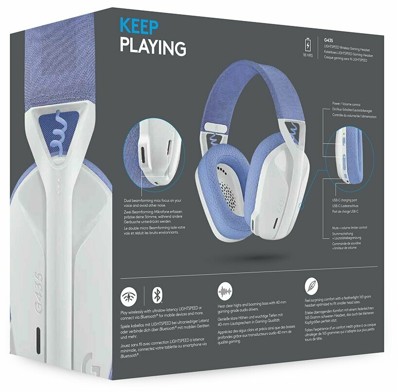 Беспроводная компьютерная гарнитура Logitech G G435, игровые наушники, с микрофоном, белый/сиреневый — фото 1