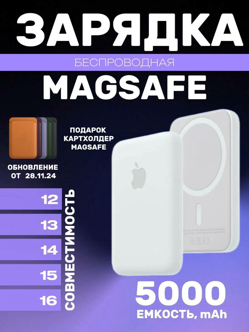 Магнитный повербанк с быстрой 15 ват беспроводной зарядкой Power bank MagSafe для iPhone и Android
