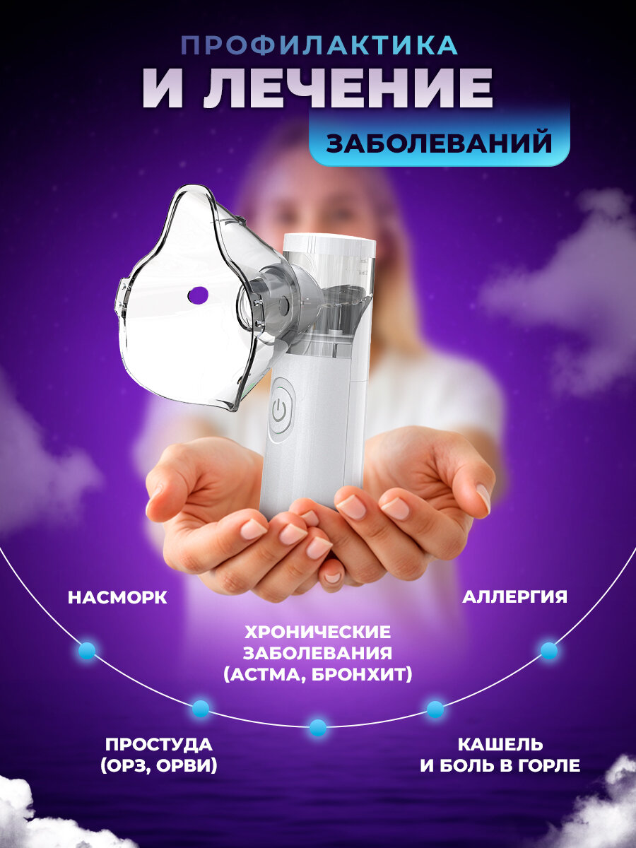 Картинки Ингалятор небулайзер для ингаляций детский для носа, бесшумный, портативный, 6 насадок, аэрозольный, взрослый, белый