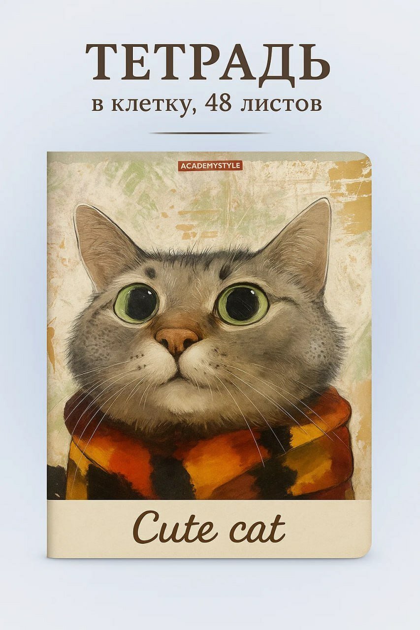Тетрадь в клетку, 48 листов, с иллюстрацией «Cute Cat» Универсальный