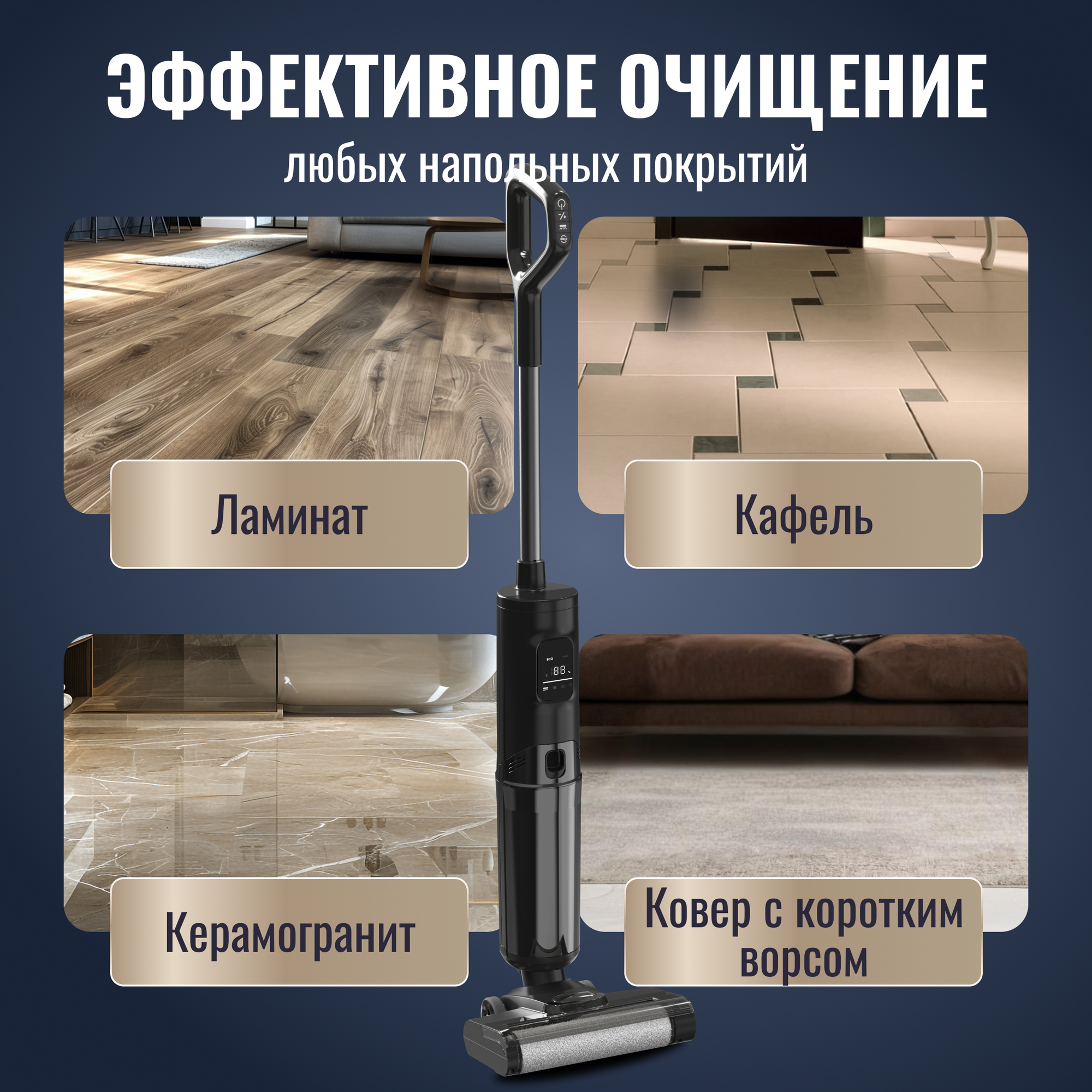 Пылесос вертикальный беспроводной для уборки дома, влажная уборка, самоочистка — фото 1