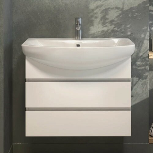 Изображение товара Тумба с раковиной Vigo Wing 70 подвесная, 71,5 см, белая, матовая, из ЛДСП, с ящиками, раковина для ванной, фарфоровая, полукруглая, с сифоном