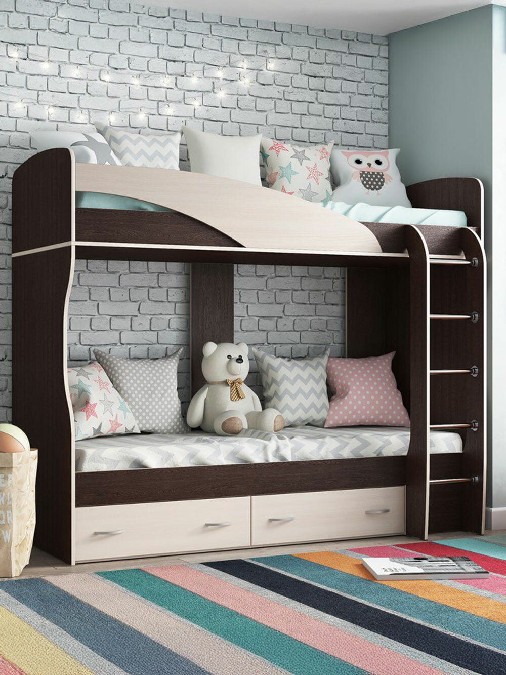 Двухъярусная кровать Мийа 200х80 см, с основанием настил, с ящиками, с бортиками, Венге / Дуб Молочный