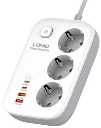 фото Сетевой фильтр - удлинитель LDNIO SE3436 - Power Strip 3250W, 3 розетки, 4 USB, 2м