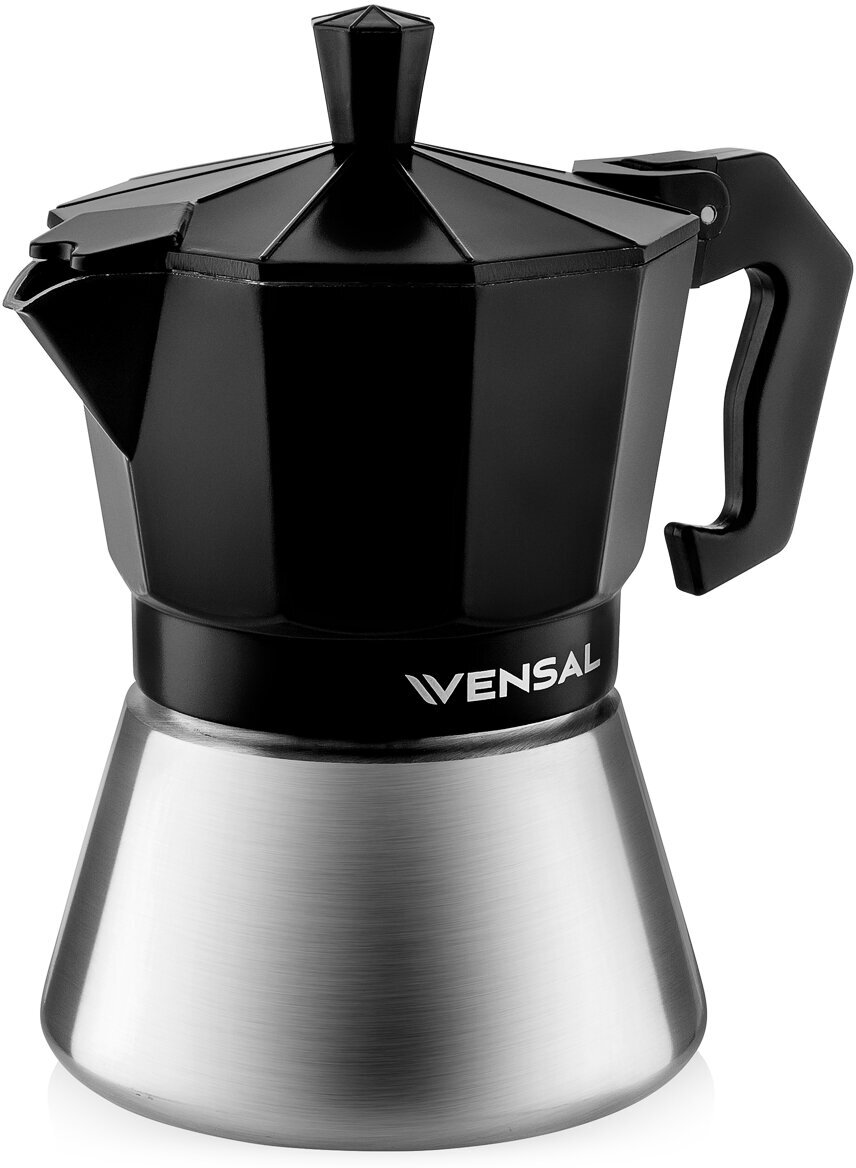 Гейзерная кофеварка Vensal VS3200 3 чашки. Материал алюминий, нержавеющая сталь, подходит индукции Цвет черный