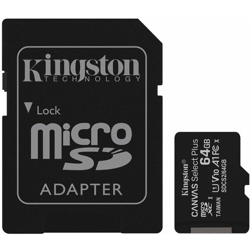 Карта памяти 64GB Kingston microSDXC Class 10 UHS-I U1 Canvas Select Plus (SD адаптер) комплект 5 штук карта памяти microsdxc kingston high endurance 64 гб uhs i class 10 u1 a1