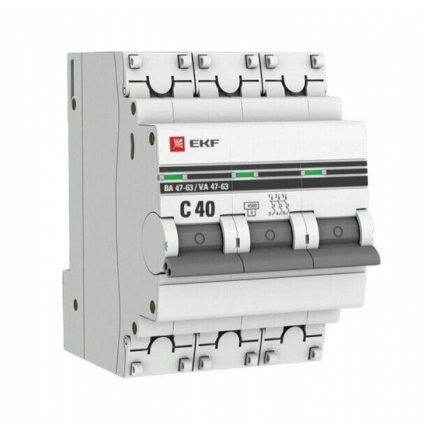 Выключатель автоматический EKF 3-полюсный (3P) 40А хар. C тип AC 4,5кА mcb4763-3-40C-pro PROxima (3 модуль)
