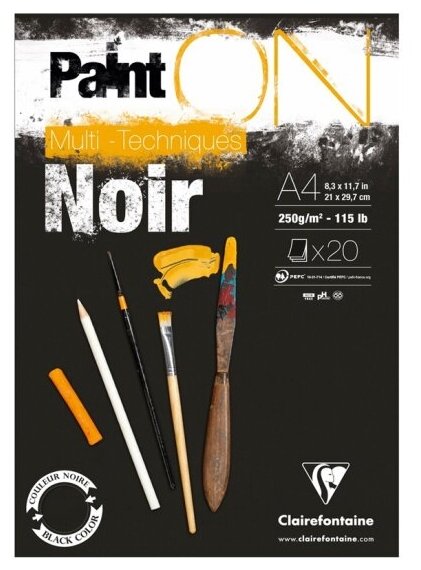 Альбом Clairefontaine для смешанных техник 20л, А4, на склейке "Paint'ON Noir", 250г/м2, черная