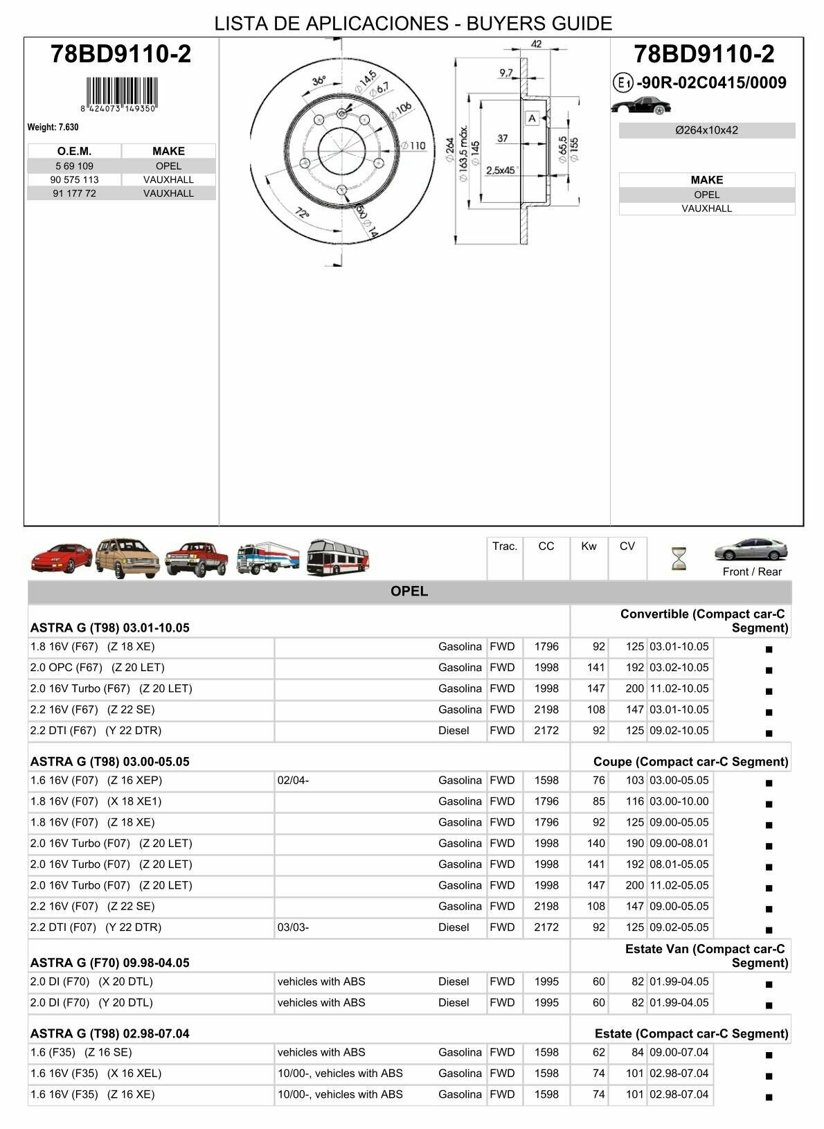 Диск тормозной задний Opel Astra G, H Meriva Zafira