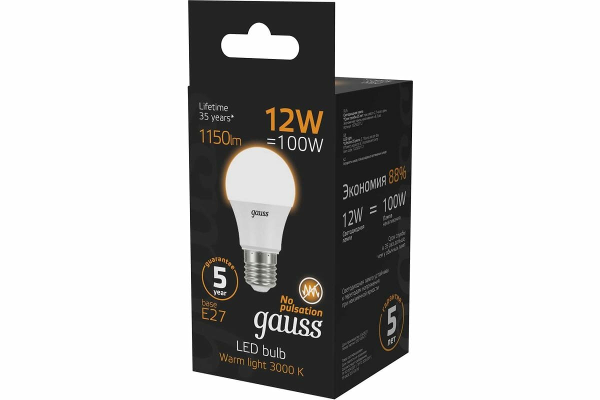 Лампа Gauss A60 12W 1150lm 3000K E27 LED 102502112 - фотография № 5