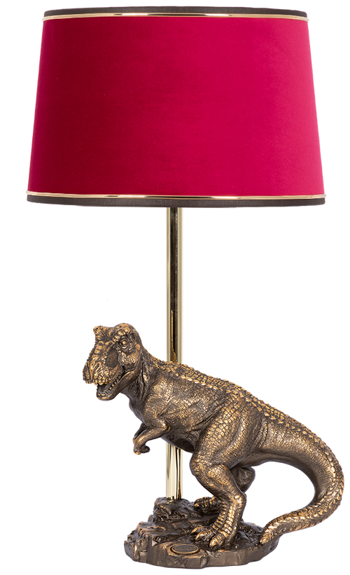 Настольная лампа Bogacho Динозавр Тирекс бронзовая с красным абажуром из велюра ручная работа